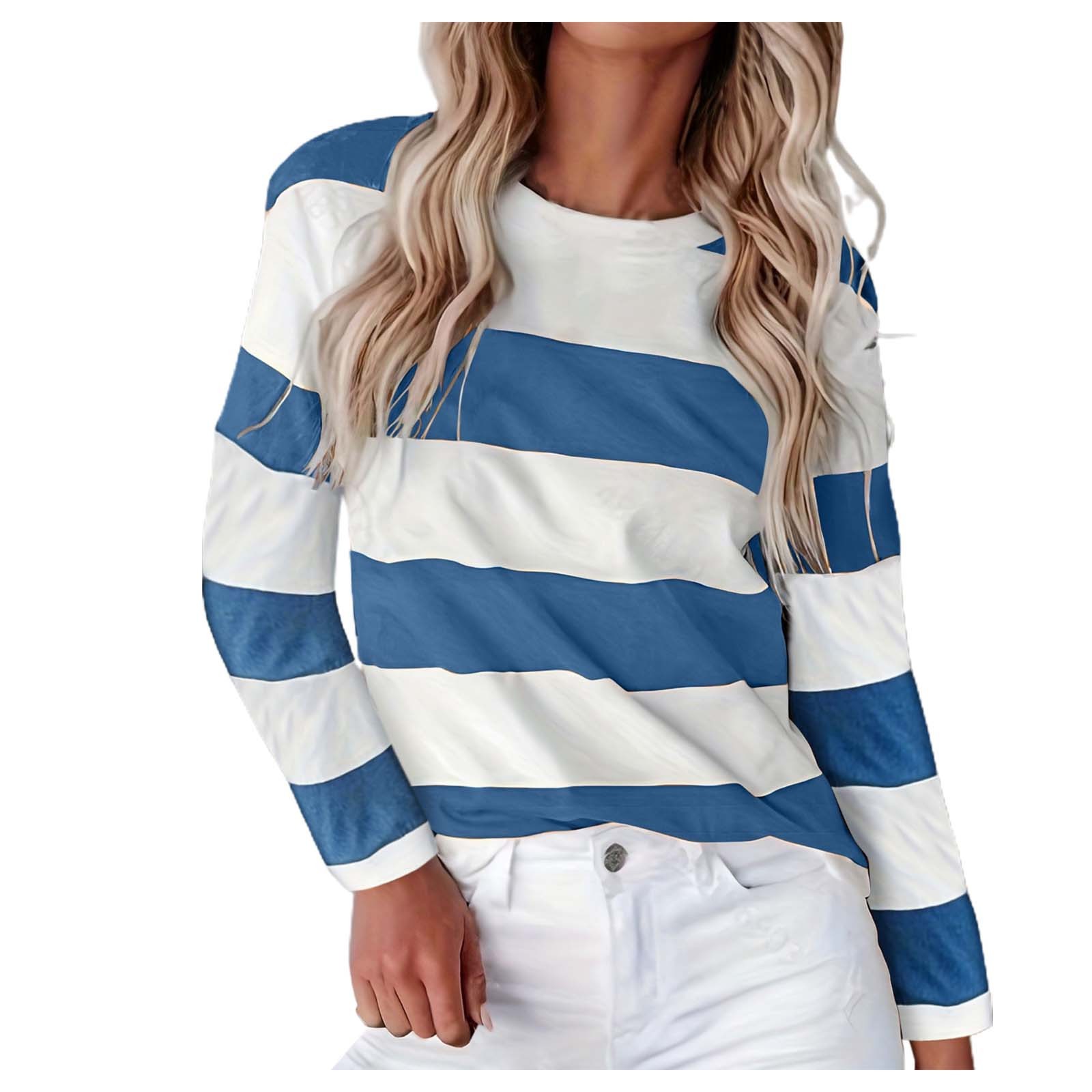 WEIYLL Womens Tshirt Long Sleeve Striped Crew Neck Color Block Dark Blue Tops Sizes XL