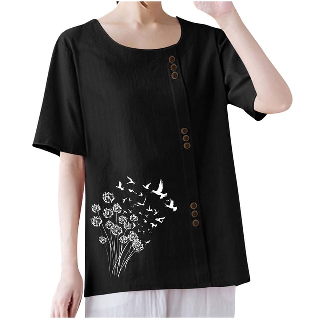T-shirts en Lin à Col Rond Oversize pour Femmes, Manches Courtes, T-Shirts en Coton, Imprimé Floral, à Boutons, Blouses Tendance