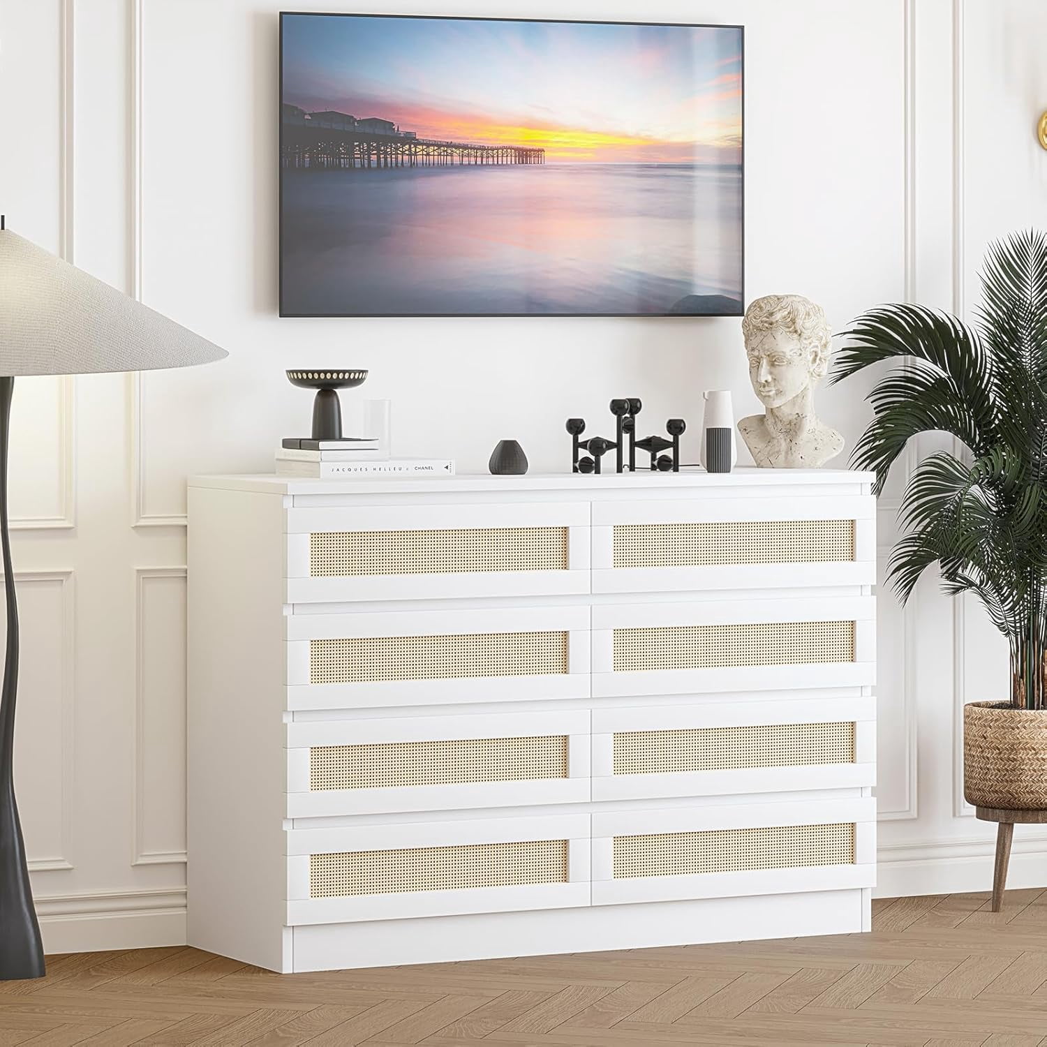 Rattan Dresser for Bedroom, 8 Drawer Dressers & Chests of Drawers, Modern Wood Dresser for Closet, TV Stand, Nursery, Living Room, Hallway, Entryway, White
