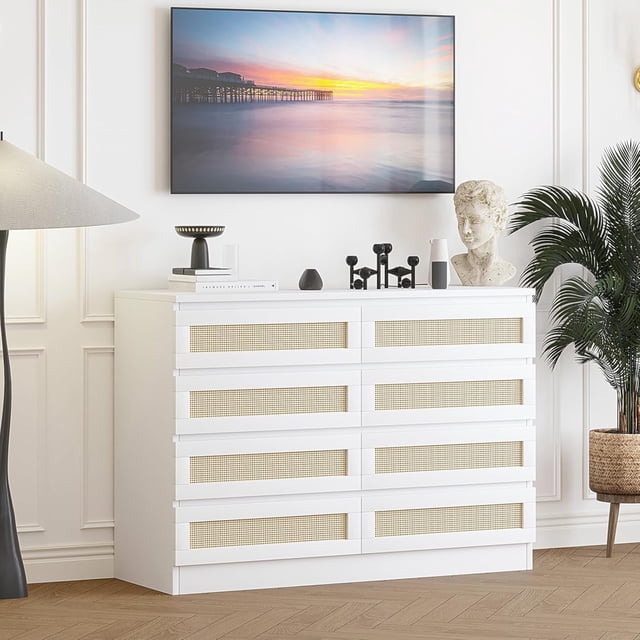 Commode Double à 8 Tiroirs pour Chambre, Commode en Rotin, Commode Moderne en Bois, Table de Chevet pour Garde-Robe, Chambre de Bébé, Salon et Entrée