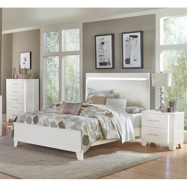 Modern LED Bedroom Set 3pc White Finish Full Bed and Two Nightstands Set Furniture