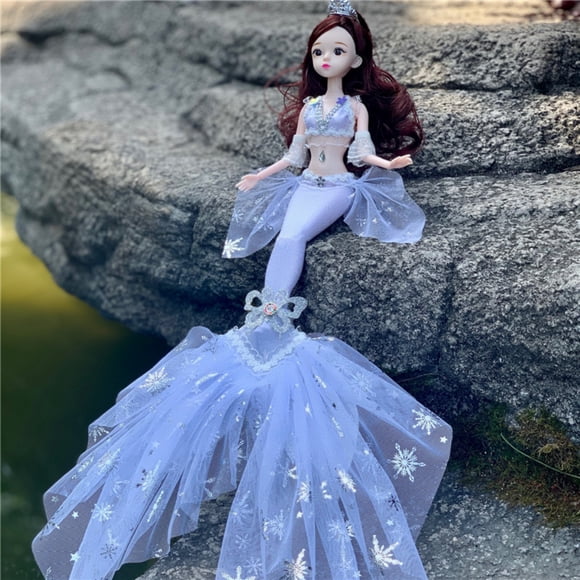Enchanting Sophia Mermaid Princess Doll - 45cm Tall with 11 Movable Joints, 3D Real Eyes, Rainbow Skirt, Crown & Earrings, ABS Plastic Construction for Ages 3 Months-18 Years, Includes Fairy &