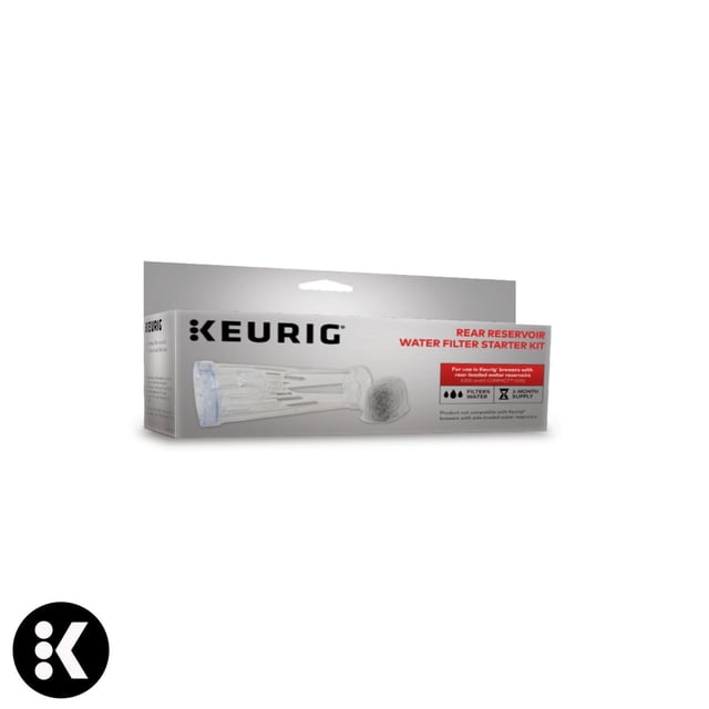 Keurig® Water Filter Starter Kit Rear Reservoir with clear plastic water filter handle and white replacement filter cartridge shown on packaging, designed to fit inside rear reservoir of compatible Keurig coffee makers to filter water and improve beverage taste.