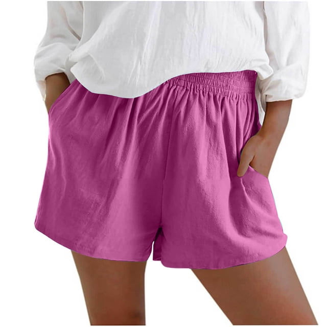 Timegard Short à Jambe Grand pour Femmes Grande Taille en Coton et Lin à Taille Élastique, Short Décontracté Ample avec Poches