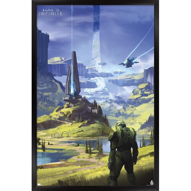 Halo Infini - Affiche Murale de Master Chief, 14,725 Pouces x 22,375 Pouces Encadrée, Représente Master Chief en Armure Verte Debout sur une Colline Herbeuse Surplombant une Vallée Futuriste avec une Grande structure en Anneau dans le Ciel, des Falaises Rocheuses, des Pins et un Aéronef Volant avec des Sentiers Bleus, Imprimée sur Papier d'Affiche Photo Haute Résolution Lustré avec un Cadre Moderne Noir et un Accroche-Dents de Scie, Convient