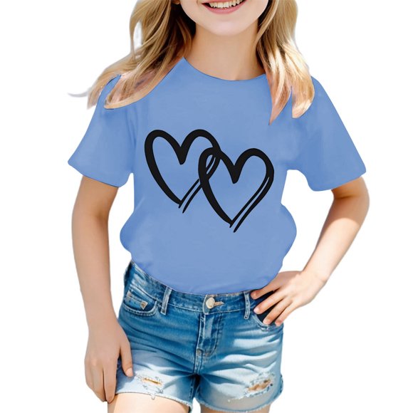Zhuashum T-Shirts pour Fille Enfant Cœur Graphique T-Shirt à Manches Courtes Col Rond Chemise Charme Tout-Petit Printemps Été Vêtements Bleu Clair 4-5 Ans
