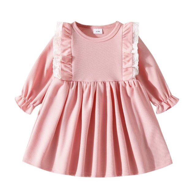 WEAIXIMIUNG Robes d'Été pour Filles Taille 10-12 Robe pour Tout-Petites Filles Hiver Manches Longues Volants Côtelé Dentelle Robe de Couleur Unie