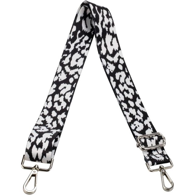 SURJDE Crossbody Strap for Purses Replacement Adjustable Guitar Multicolor Style Handbag Straps in white leopard pattern with silver hardware. Made of colorful thermal transfer polyester, the adjustable strap for handbags measures 3.8cm (1.5in) in width and extends from 80cm to 146cm (31.5in to 57.5in).