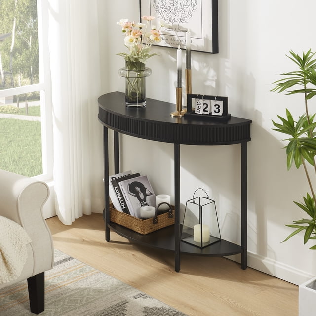 unipaws Fluted Half Moon Console Table, Modern 2-Tier Black Entryway Console, Sofa Back Table for Living Room (36" Width)