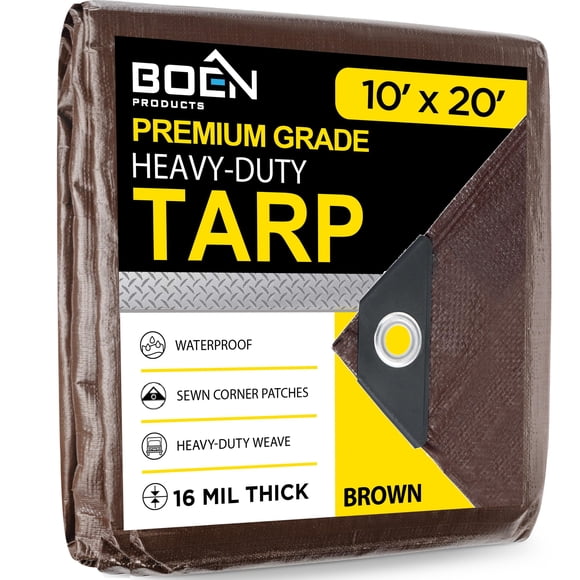 Ultra Heavy Duty Tarp Waterproof Large Cover | Brown 10' x 20' 16 Mil Thick | Rip Proof Tarps | Thick Weave Material UV Resistant Great for Tarpaulin Canopy Tent Boat RV or Pool Cover