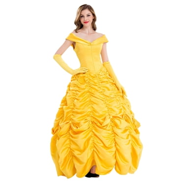 HAWEE Women's Blle Princess Costume Halloween Party Yellow Dress with Gloves, Petticoats