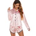 thumbnail image 4 of 2pcs Womens Silk Satin Pajamas Set Button down Floral Pattern Long Sleeve Sleepwear + Short Pants Set Nightwear, 4 of 6