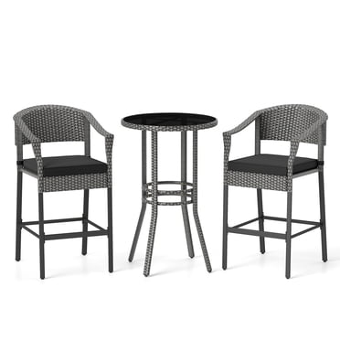 Gymax Ensemble de Bar de Patio 3 Pcs, Ensemble de Table Ronde et Fauteuils d'Extérieur en Osier Hauteur Bar