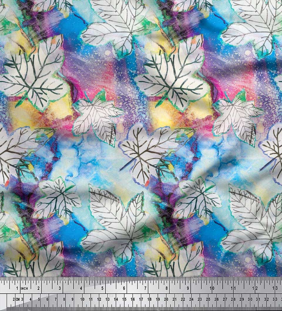 Soimoi Satin Silk Fabric Texture & Maple Leaves Print Fabric by the Yard 42 Inch Wide
