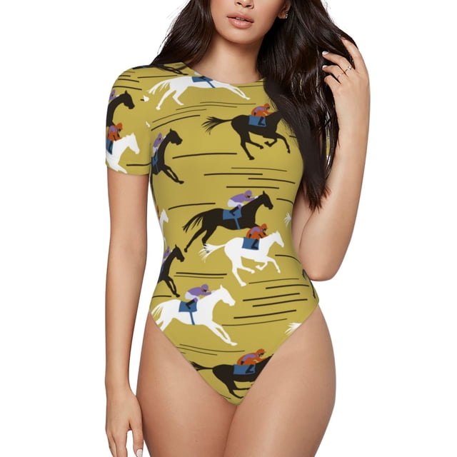 Bingfone Justaucorps à Col Rond pour Femmes à Motif de Cavaliers en Courses de Chevaux, Justaucorps Ajusté à Manches Courtes avec Boutons-Pression, Convient pour Fête, Sports, Usage Quotidien - Grand