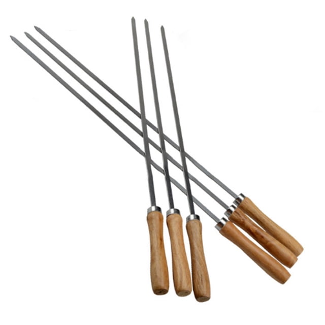 Brochettes Kebab BBQ en Acier Inoxydable avec Poignées en Bois, Bâtons de Brochettes Plats Réutilisables en Métal avec Pochette de Rangement, 6 Pcs