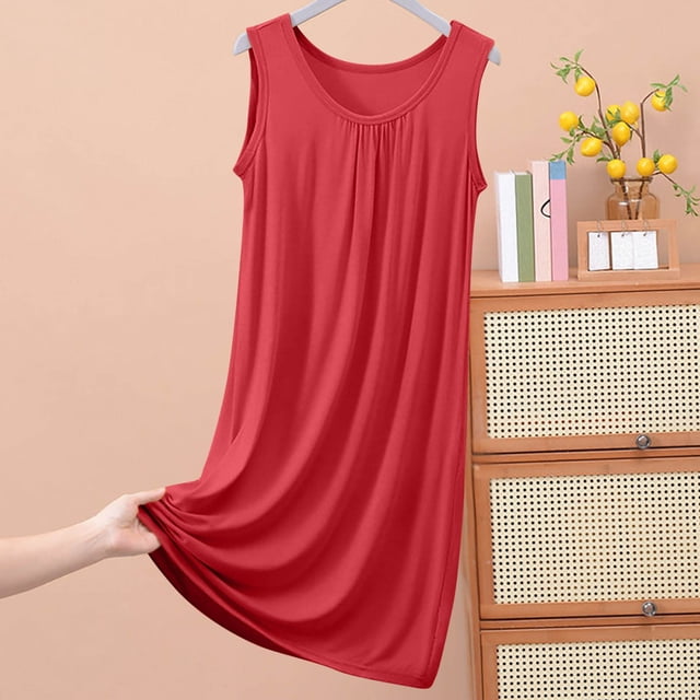 Elvqul Chemises de Nuit Rouges pour Femmes Robe Sans Manches pour Dames Grande Taille Chemise de Nuit Unie pour Femmes
