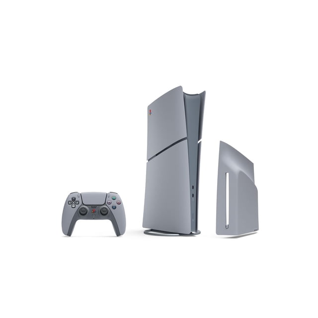 PlayStation®5 Digital Edition – 30th Anniversary Limited Edition Bundle showing a grey slim vertical console with the retro PlayStation logo, a matching grey wireless controller with classic button icons, and a grey vertical stand, highlighting ultra-high speed SSD and ray tracing features.