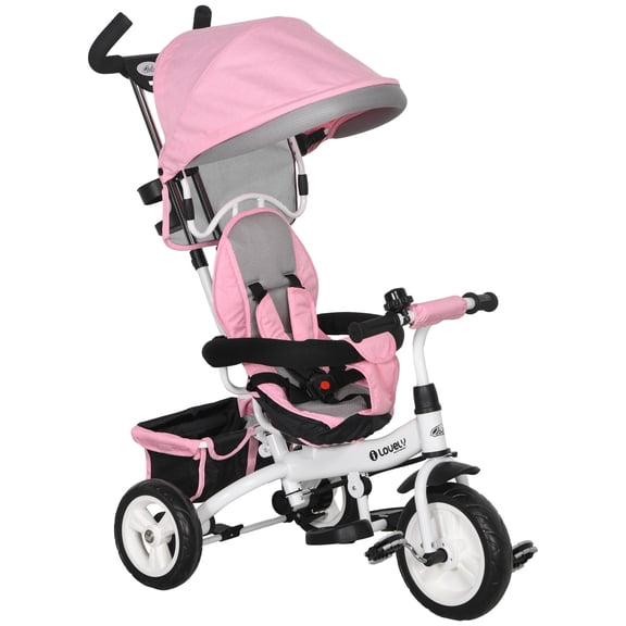 Qaba 6 in 1 Toddler Tricycle Stroller with Basket, Canopy, Pink