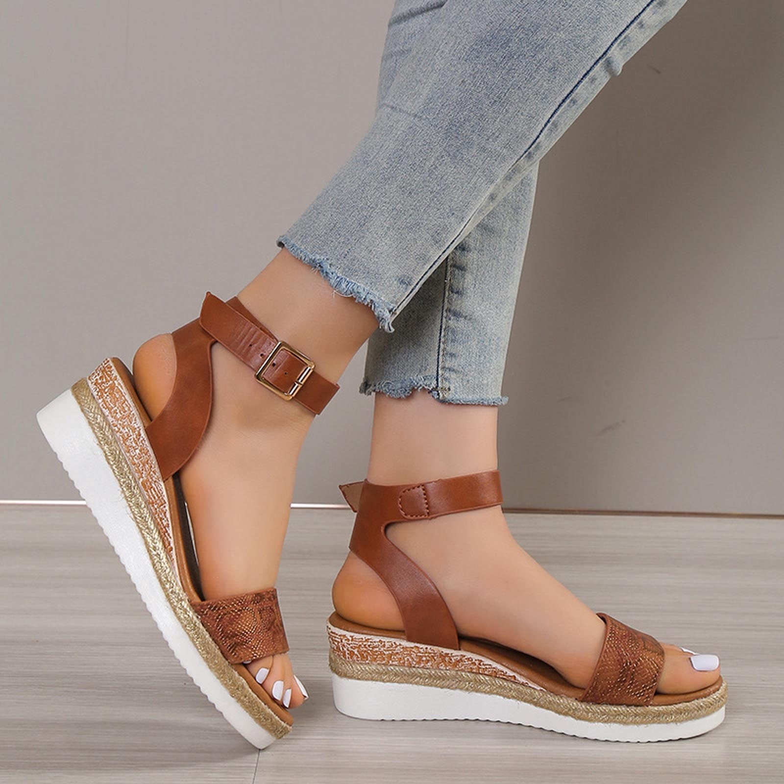 Mefallenssiah Women'S Slope Heel One Line Buckle Mules Middle Heel Slippers Roman Sandals