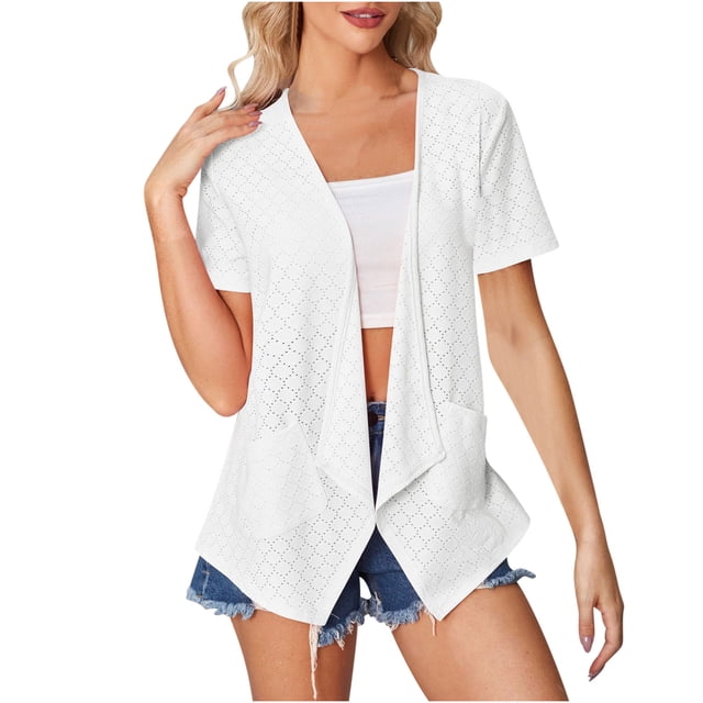 FAIWAD Cardigan à Manches Courtes pour Femme, Décontracté d'Été, Léger, Ouvert à l'Avant, Cardigan Uni