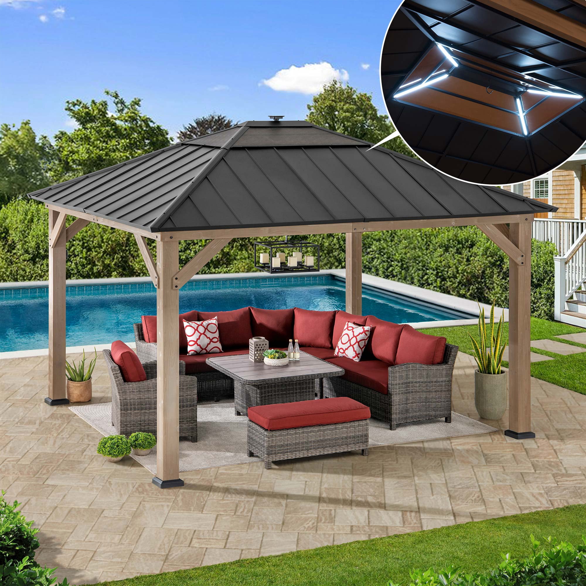 Sunjoy 11’ x 13’ Grayden Wood Gazebo , Outdoor Patio Solar Powered Hardtop Gazebo with One-Tier Metal Roof, LED Light and Ceiling Hook