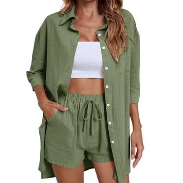 Ketyyh-chn99 Ensembles pour Femmes 2 Pcs Shorts de Course Femmes Dames Été Décontracté Ample Manches Courtes Uni Jambe Grand Détente Entraînement Ensembles Vert,TG