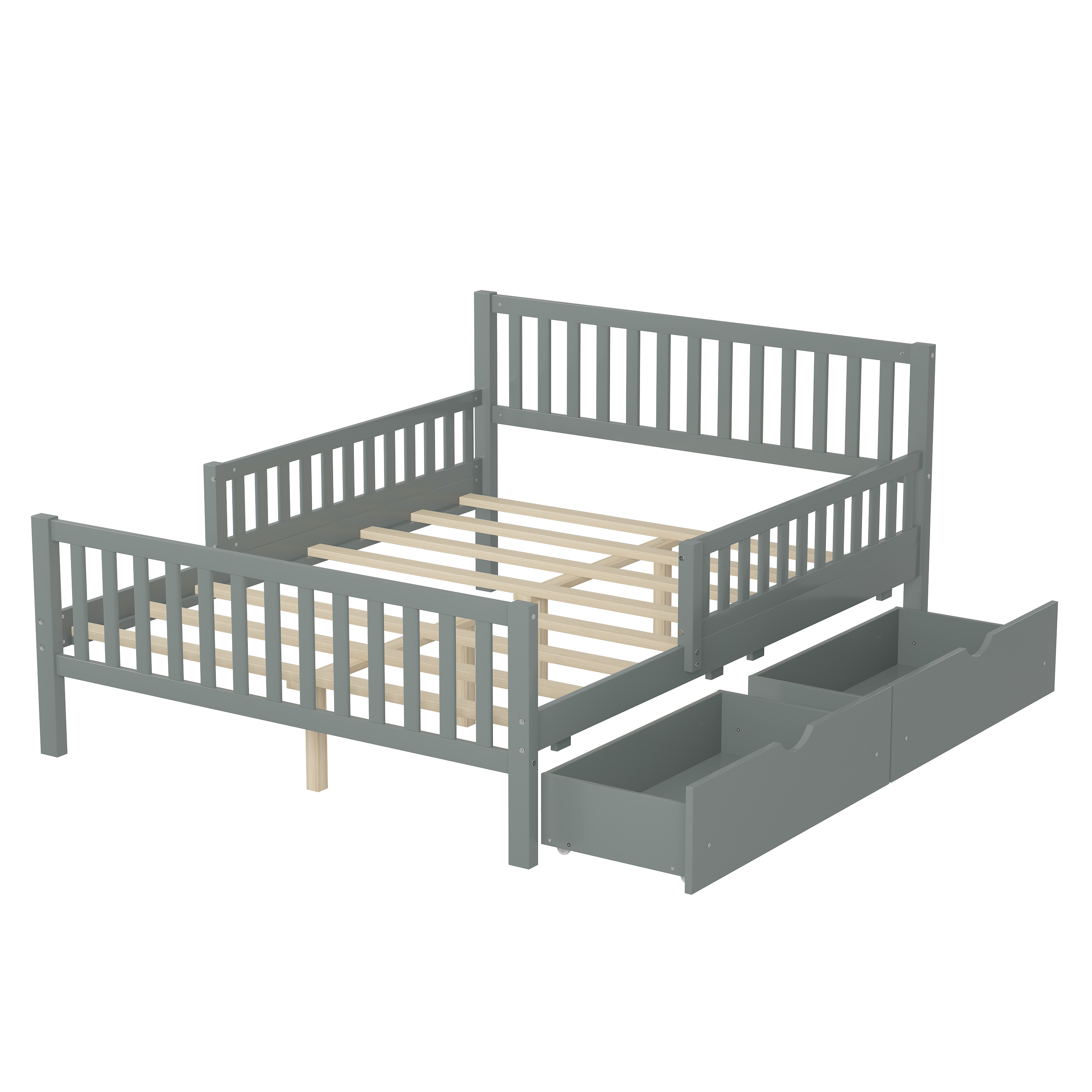 Homy Casa Lit plateforme double en bois avec garde - corps et deux tiroirs de rangement, gris, cadre robuste, design moderne pour chambre
