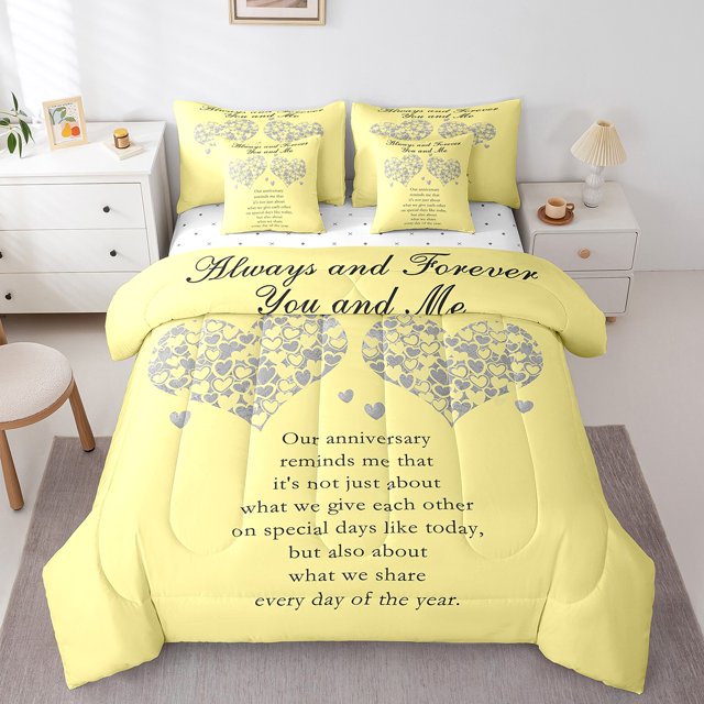 Erosebridal Love Heart Print Bedding Full Size, Romantic Valentines Comforter Sets with Sheets, Yellow, Reversible