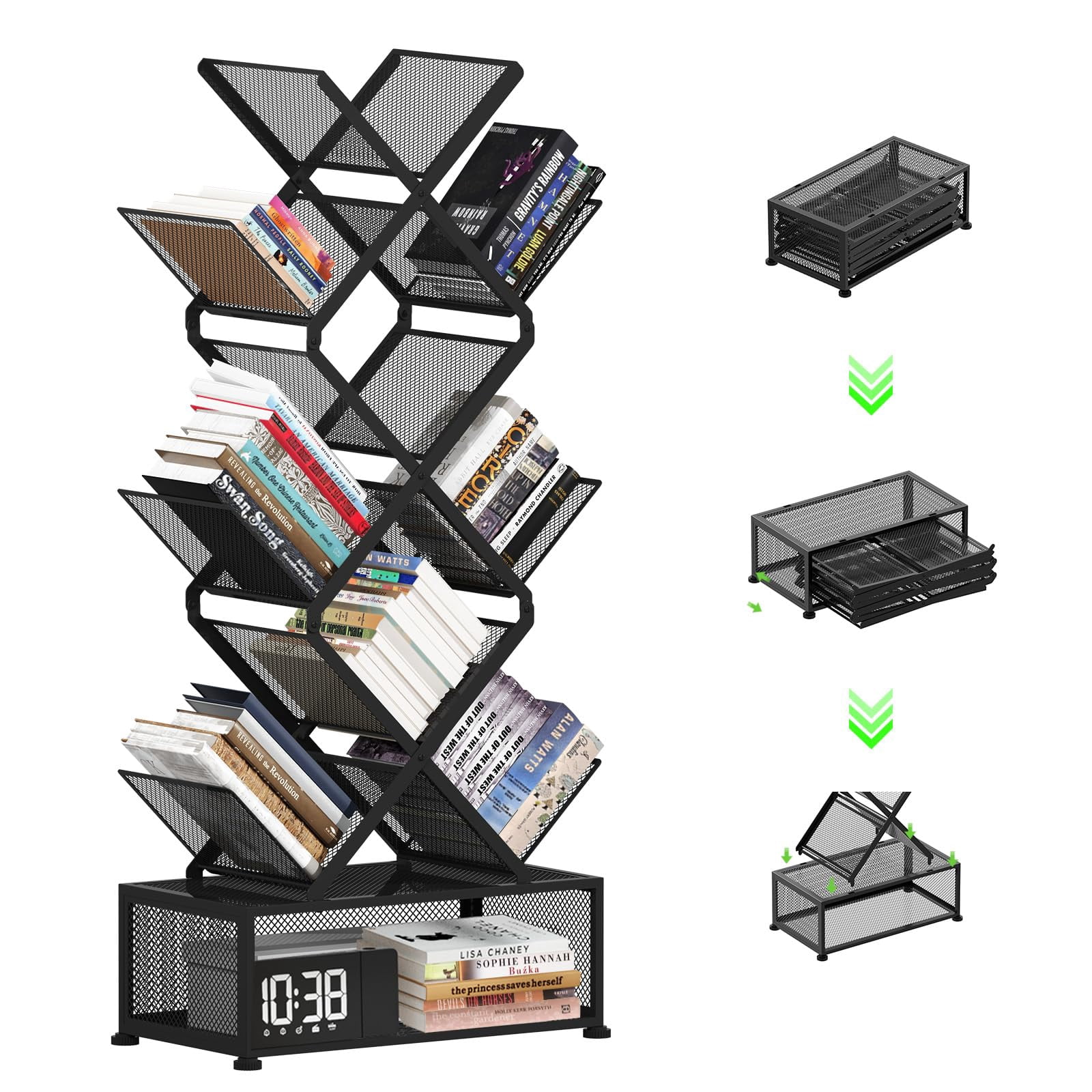 Gintan 9-Tier Space Saving Book Shelf with Storage,Bedroom Shelves Folding Bookshelves,No Installation Required Shelf Tree Metal Bookshelf for Living Room,Study,Home Off