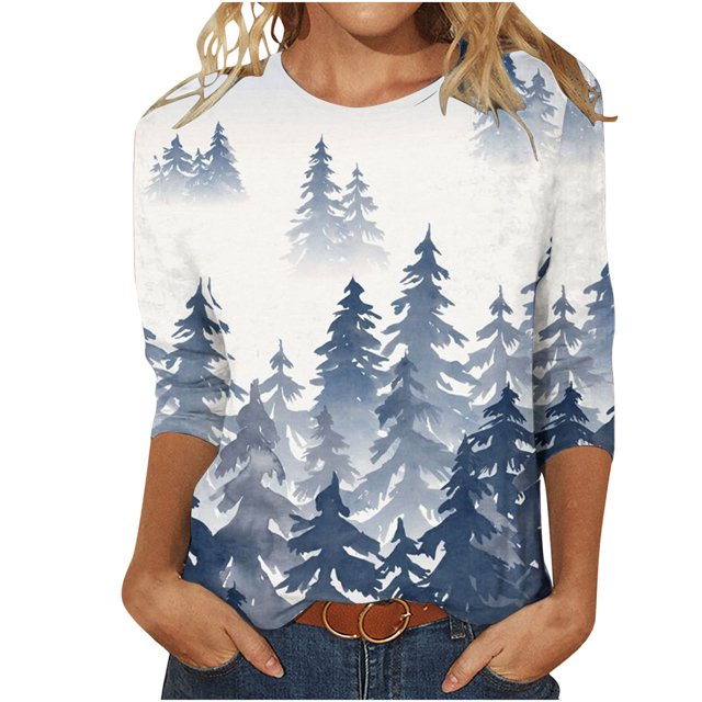 IROINNID T-shirt à Manches Longues en Polyester Réduit pour Femmes, T-shirt Ample Imprimé Quotidien, Blouse Mi-Longue, Hauts à Col Rond, Bleu