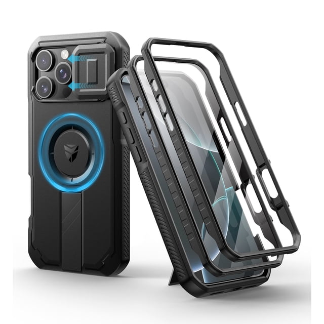 Dexnor for iPhone 16 Pro Max Case in black, featuring a slide camera cover, adjustable metal kickstand, and built-in screen protector. The case includes dual front frame options, a MagSafe-compatible magnetic attachment, and military-grade shockproof protection with TPU bumpers and a PC back. Designed for outdoor adventures, it offers precise cutouts for seamless access to buttons and ports.
