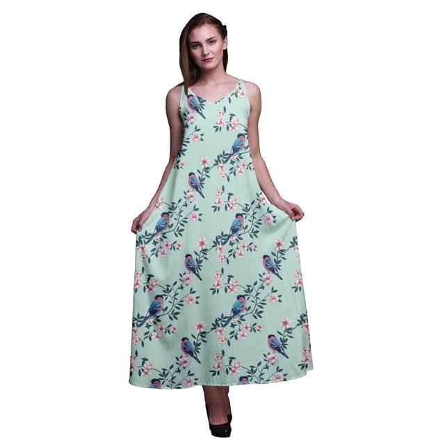 Bimba Robe Maxi à Bretelles Spaghetti Sans Manches pour Femmes en Rayonne Imprimée d'Oiseaux, Coupe Évasée, Cami - Petit