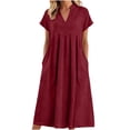 thumbnail image 3 of justHIGH Robe Midi en Coton et Lin pour Femme 2026 Été à Manches Courtes Décontractée Robes Plissées Ligne A Robe de Plage avec Poches Bordeaux,TTG, 3 of 7