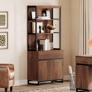 WAMPAT 72" Tall Modern Bookcase, 3-Tier Wood Bookshelf with Storage Cabinet, Adjustable Shelves, Metal Base, Freestanding Floor Shelf for Home Office, Living Room, Bedroom, Brown