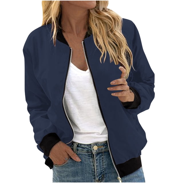 Womens Fashion Jacket Casual Stand Collar Zip Up Lightweight Coat Fall Color Block Jackets with Pockets Navy S