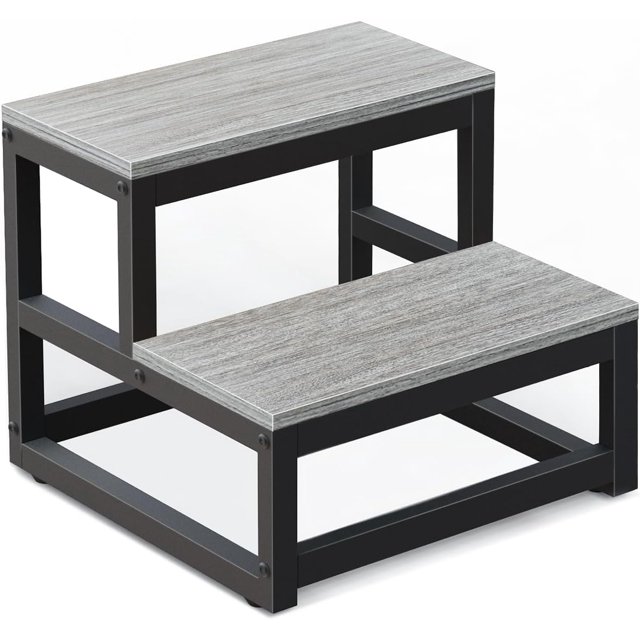 2 Step Stool for Adults Kids, Heavy Duty Wooden Stepping Stools, Bedside Foot Stool with 500lbs Load Capacity, Non-Slip Step Stool for High Bed, Kitchen, RV - Grey