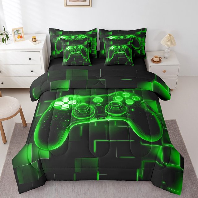YST 7Pcs Kids Gamer Comforter Set Full, Gaming Bedding Comforter Set, Video Games Gamepad Bed In A Bag Neon Glowing Square Geometric Grid Green Bed Sets With Comforter And Sheets