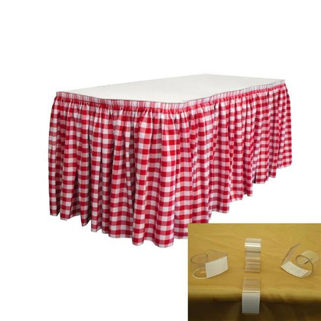 SKTcheck17x29-10Lclips-RedK98 10 L-Clips LA Linen Jupe de Table à Carreaux en Polyester Blanc & Rouge - 17 Pi. x 29 Po.