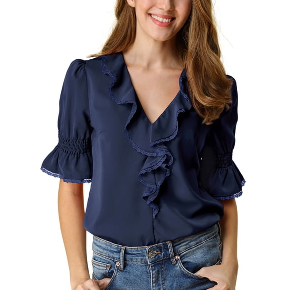 INSPIRE CHIC Women's Ruffled V Neck Puff Elbow Sleeve Semi-Sheer Chiffon Blouse S Navy Blue
