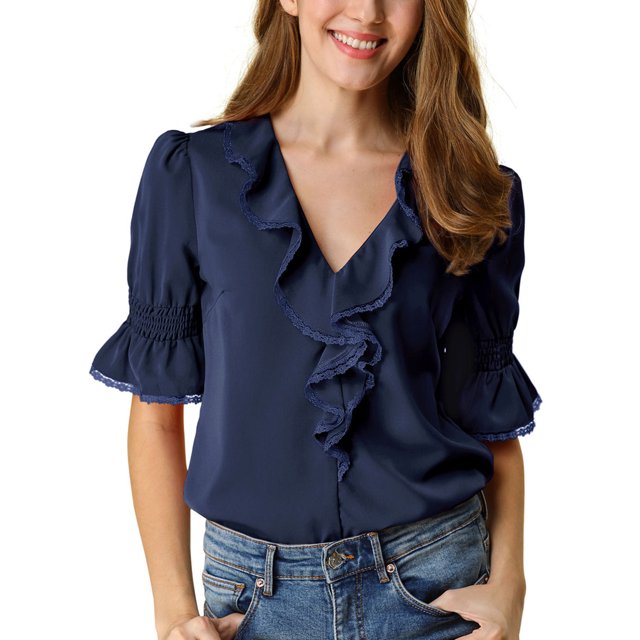 INSPIRE CHIC Blouse en Mousseline Semi-Transparente pour Femme à Volants, Col en V, Manches Bouffantes au Coude, L Bleu Marine