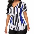 thumbnail image 3 of T-shirt pour Femme à Col en V, Haut à Rayures, Manches Courtes, Blouse Ajustée à Fermeture Éclair, Bleu, G, 3 of 5
