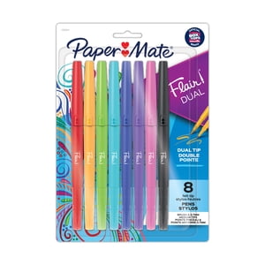 Paper Mate Flair DUAL Stylos à embout feutre, pinceau et conseils moyens, couleurs assorties, 8 Nombre