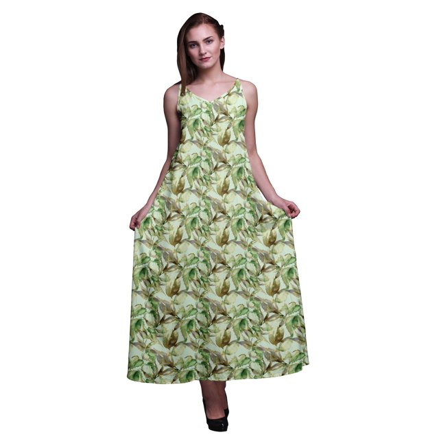 Bimba Robe Maxi à Bretelles Spaghetti Sans Manches pour Femmes en Rayonne à Imprimé Feuilles, Coupe Évasée - Medium