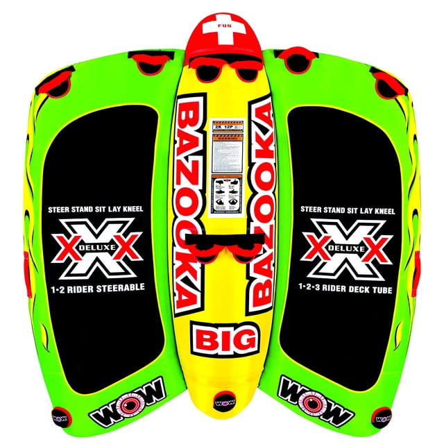 WOW Watersports Big Bazooka Steerable 1 to 4 Person Rider Towable Tube with a vibrant green and yellow design and bold graphics. This towable water tube features a patented Flex Wing system for steerability, durable PVC construction, and double-webbing handles for secure grip. Designed for lake or ocean use, it accommodates up to 4 riders in sitting, kneeling, or standing positions. Inflated dimensions are 74 x 70 inches, making it a versatile lake accessory.