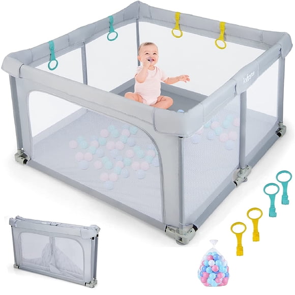 OLAKIDS Parc pour Bébé Pliable, Parc pour Tout-Petits 50 Pieds' X 50 Pieds' avec Porte, Grand, en Maille Douce et Visible, Centre d'Activités Intérieur Extérieur pour Enfants, Clôture pour Bébé avec 4 Poignées et 50 Balles d'Océan (Gris)