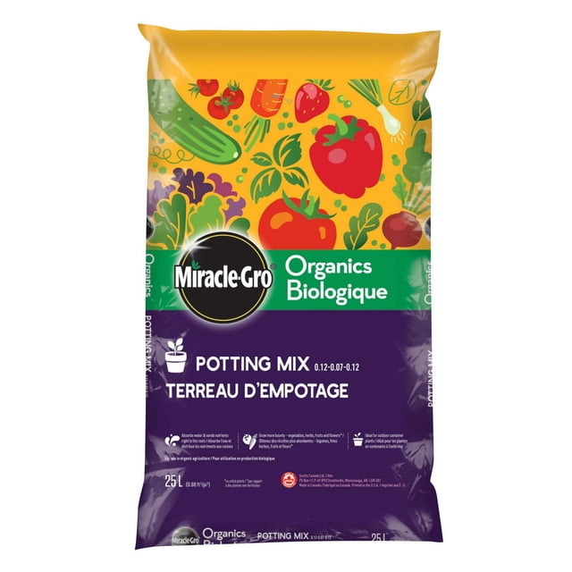 Miracle-Gro Organics Potting Mix 25L bag with colorful vegetable and herb illustrations on yellow and purple packaging, designed for outdoor container gardening to absorb water and deliver nutrients to roots for strong organic plant growth.