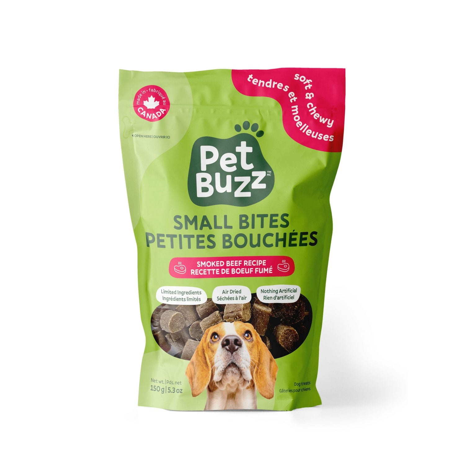 Pet Buzz Small Bites, All-Natural Soft & Chewy Dog Treats, Smoked Beef Dog Treat Recipe, 150g Bag, Made in Canada
