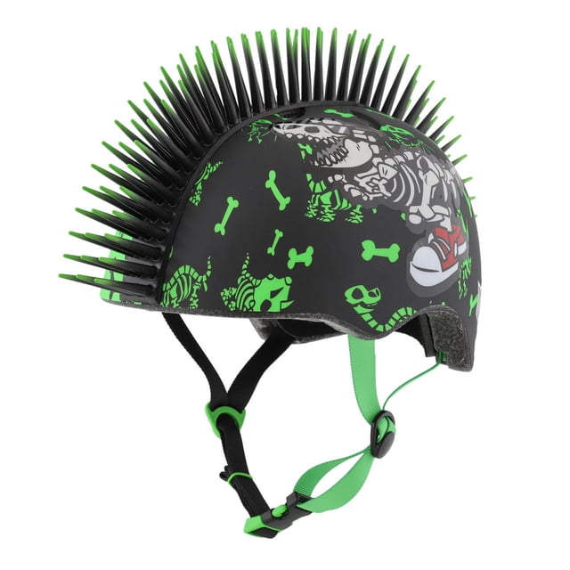 Bell Sports Raskullz Casque 3D pour Tout-Petit Radasaurus Noir avec Os de Dinosaure Vert Vif et Graphiques de Squelette, Doté de Pointes mohawk en Caoutchouc 3D Flexibles Noires et Vertes de Style Dinosaure, de Sangles Noires et Vertes Ajustables, d'Aérations Aérodynamiques et d'Une construction Légère et durable. Conçu pour les Tout-Petits de 3 à 5 Ans avec des Tailles de Tête de 48 à 52 cm pour des Promenades Sécuritaires à Vélo, en Trottinette Ou en Tricycle.
