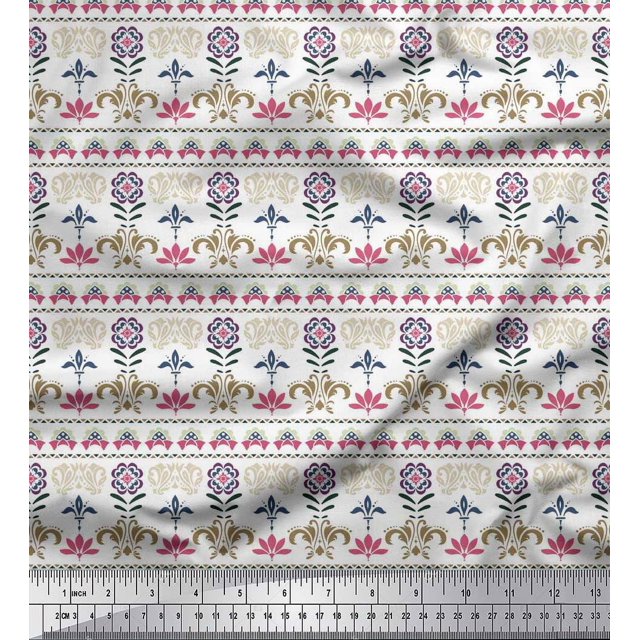 Soimoi Polyester Crepe Fabric Leaves & Floral Block Printed Fabric 1 Yard 42 Inch Wide